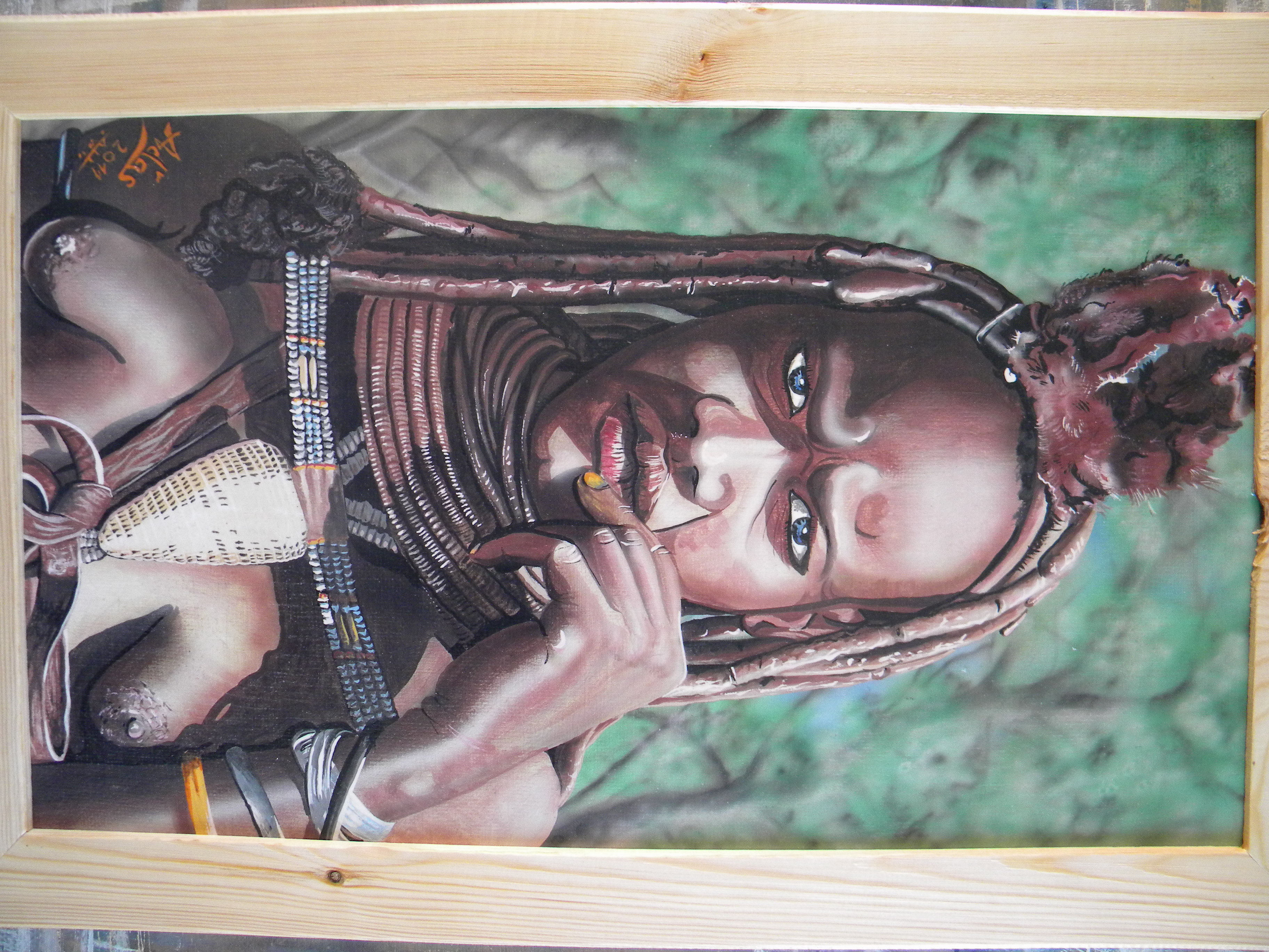 tváře Afriky 6 žena z kmene Himbů 44x68 zalakovaná tempera